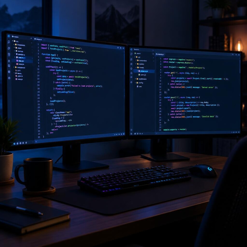 Two monitors displaying lines of programming code